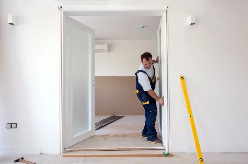 Man in the process of measuring a wall to install a door